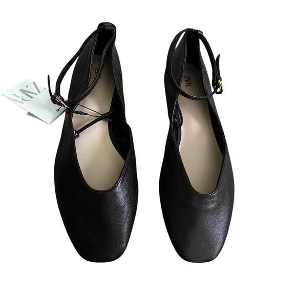 ZARA Women’s Leather Ballet Flats Chocolate Brown Size 8 Ankle Strap Buckle NWT - Picture 5 of 9